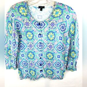 Talbot's Women's Multicolor Geometric Printed Long Sleeve Cardigan Sweater Sz S